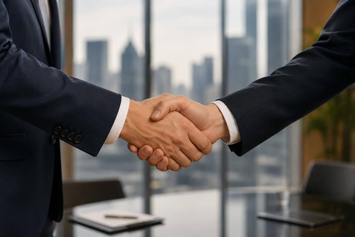 Two people shaking hands in a business meeting